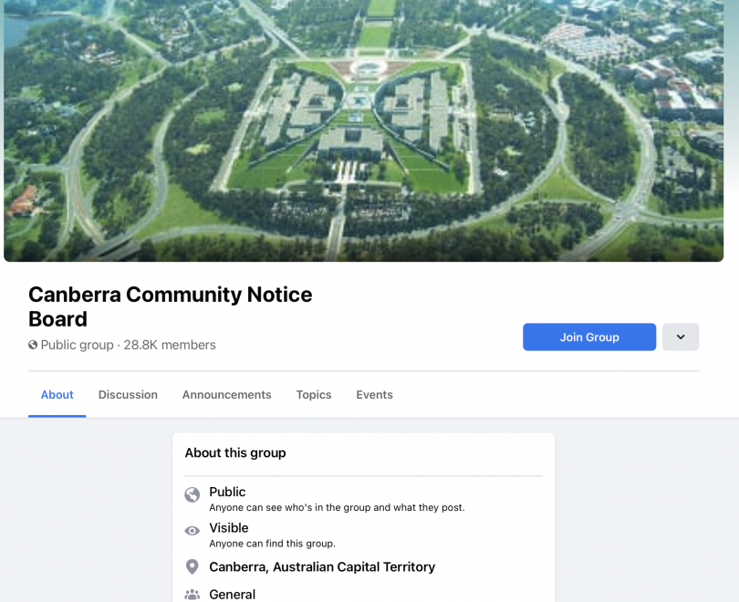 screenshot of the Canberra Community Noticeboard home page