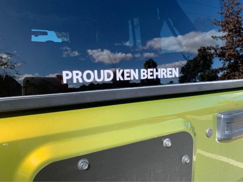 'Proud Ken Behren' bumper sticker on car