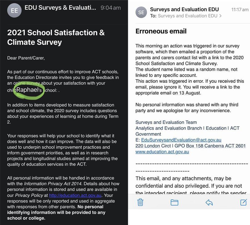 Screenshots of emails sent to parents about School Satisfaction and Climate Survey