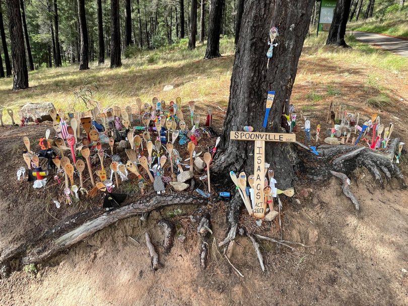 Decorated spoons at the base of a tree in Isaacs