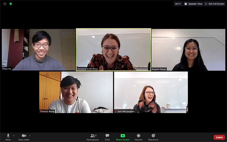 CEAT captured the attached screen shot during the 2020 Hackathon (pictured from left to right: student Yilan Yu, Dr Annamaria De Rosa, student Angela Patajo, student Thomas Wang and Dr Samantha McGaughey