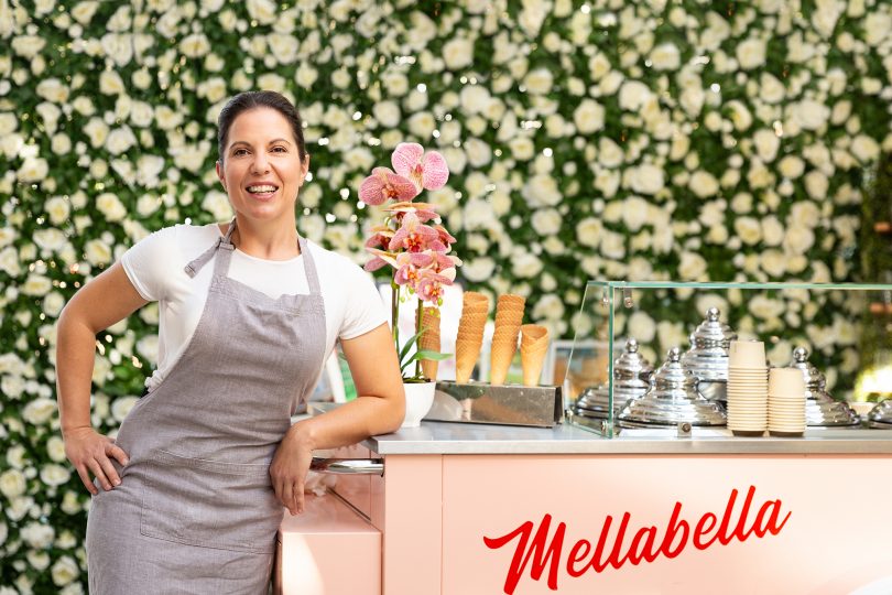 Melany Batley leaning on Mellabella Gelato mobile cart