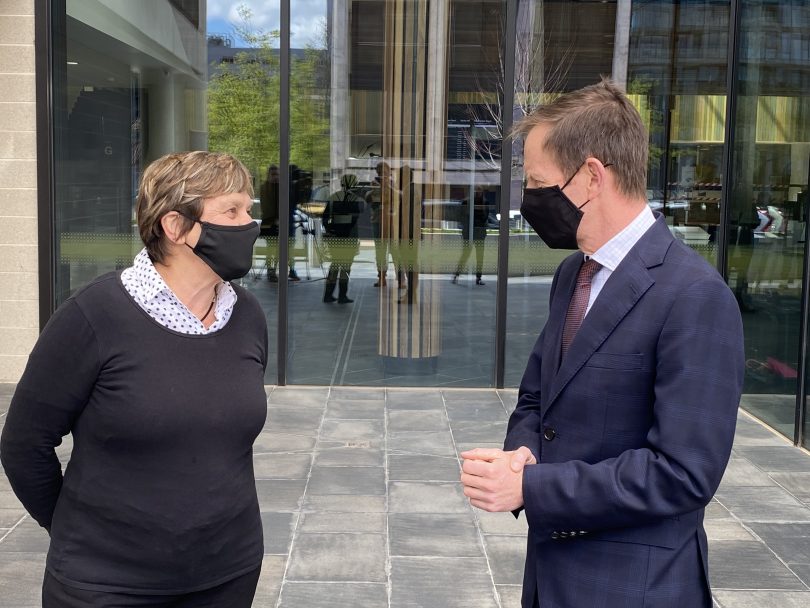 Ros Williams and Shane Rattenbury outside ACT Magistrate's Court 