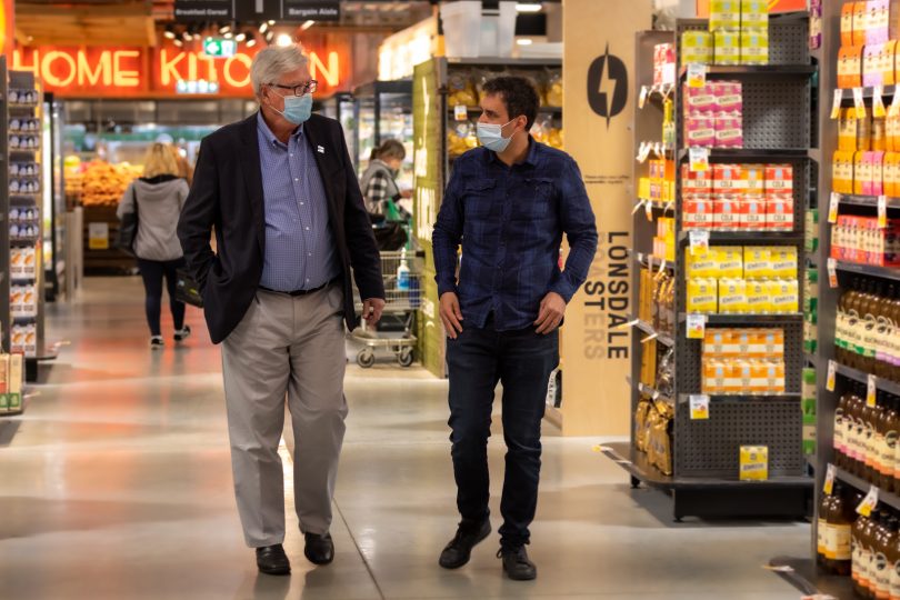 Peter Gordon and Theo Koundouris in Supabarn supermarket