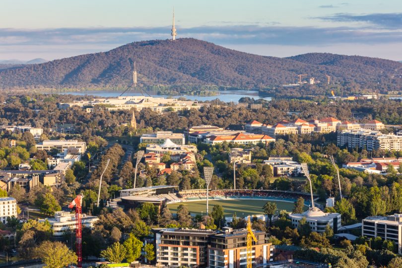 Aerial view of Canberra, Manuka Oval in foreground, Telstra Tower in background