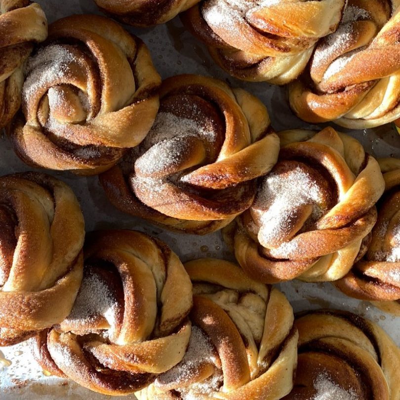 Cinnamon buns on a tray