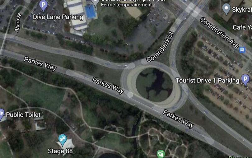 aerial shot of Coranderrk Street roundabout on Parkes Way