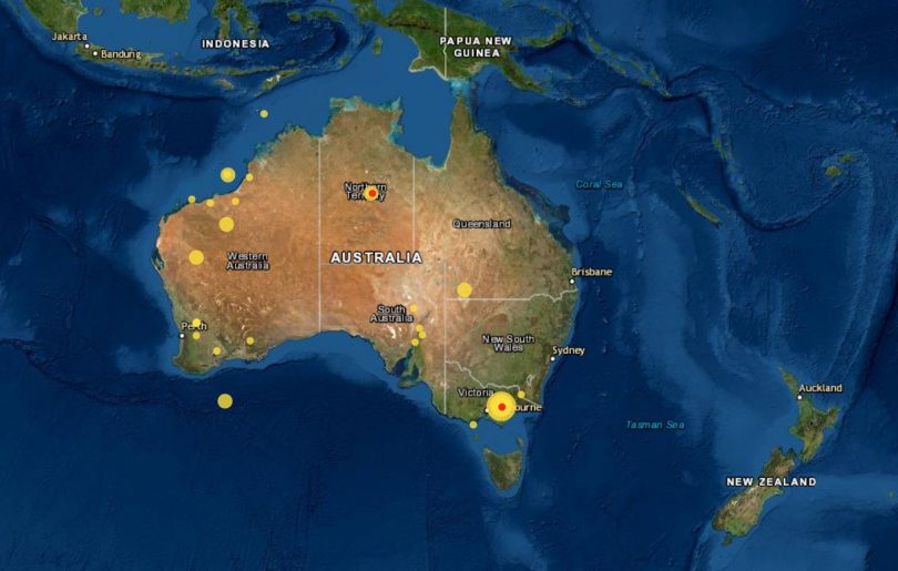 Geoscience Australia map of earthquakes across Australia
