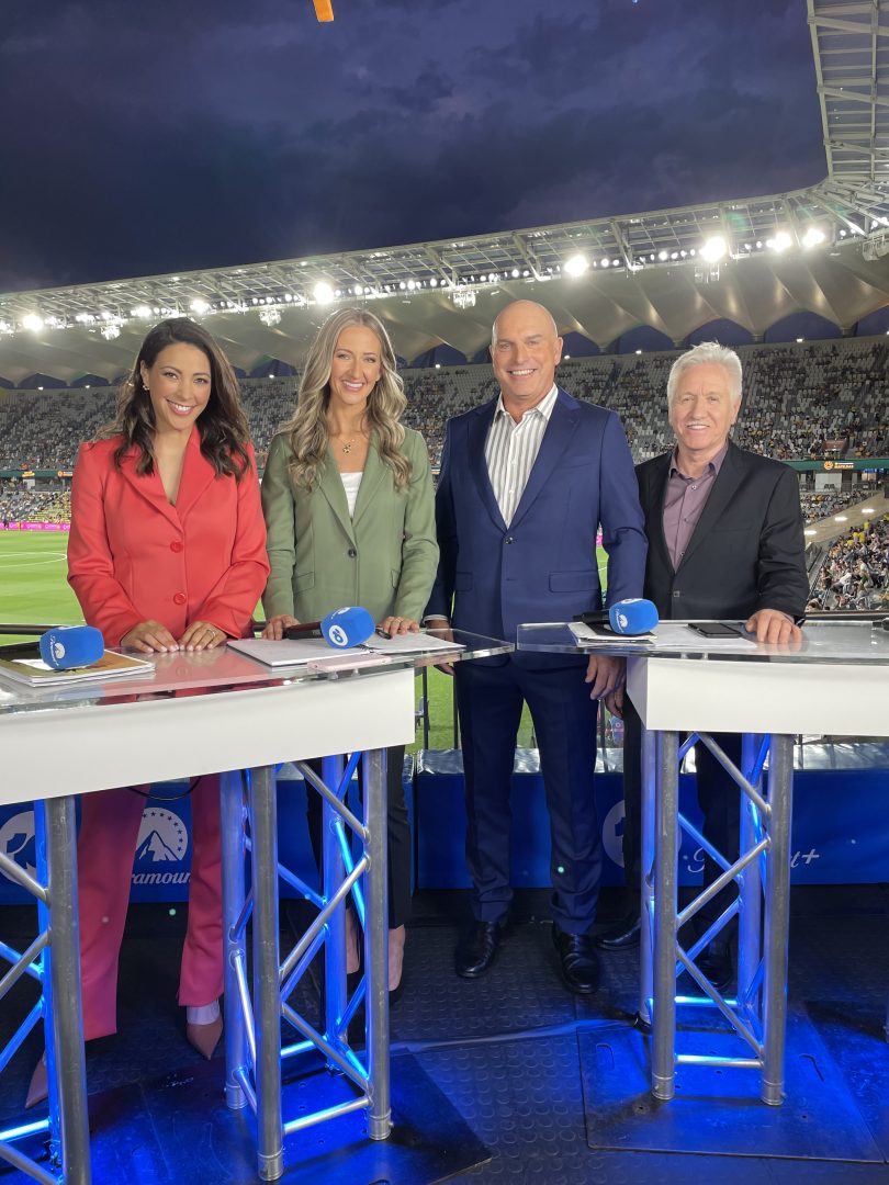 Network 10's A-League commentary team of Tara Rushton, Grace Gill, Andy Harper and Tom Sermanni