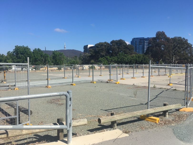 Fenced off futsal slab at Acton Park