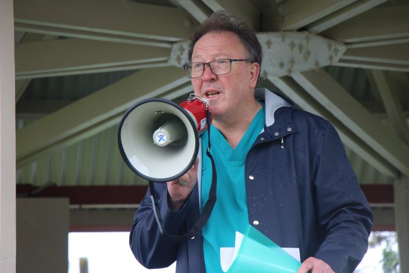 Dr Michael Holland addressing Saturday's Eurobodalla Hospital rally. Photo: Karyn Starmer.