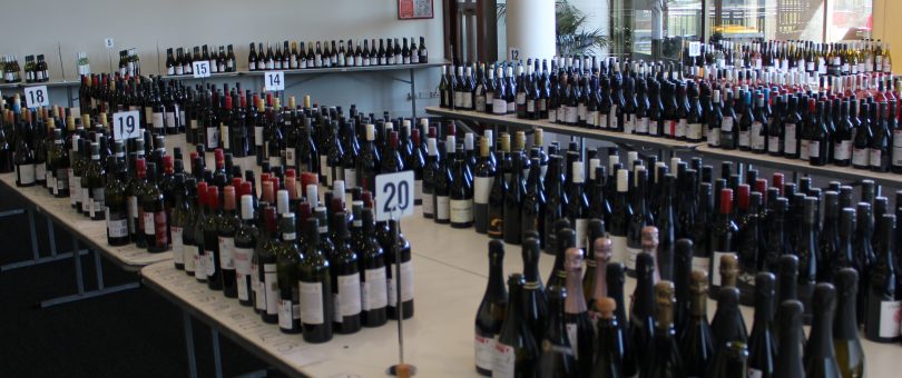 Hundreds of wine bottles on table