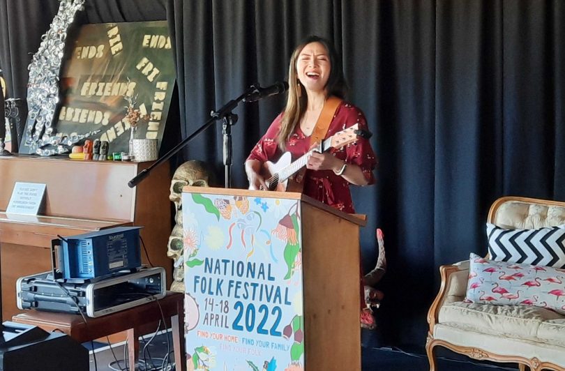 Kim Yang performing at launch of 2022 National Folk Festival