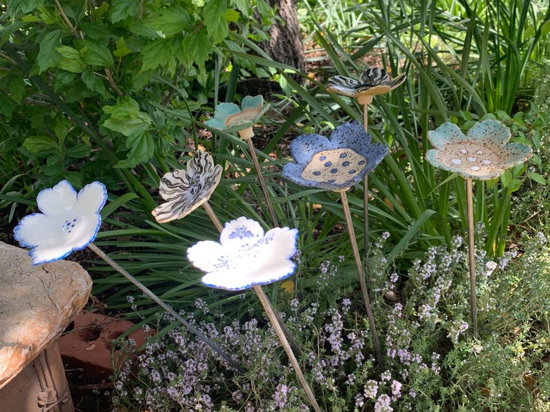 clay flowers in garden