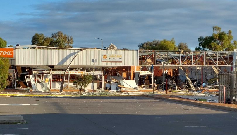 Several shops in Rae Street Belconnen were destroyed by fire and an explosion on Monday night