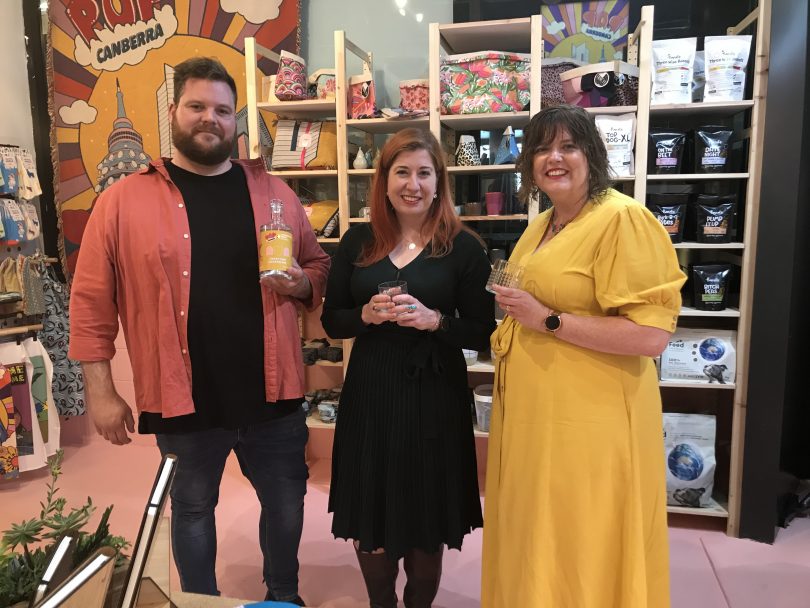 Pop Canberra co-owner Gabe Trew, Minister for Business Tara Cheyne and Underground Spirits CEO Claudia Roughley at the launch of the new Pop Canberra x Underground Spirits Gin.