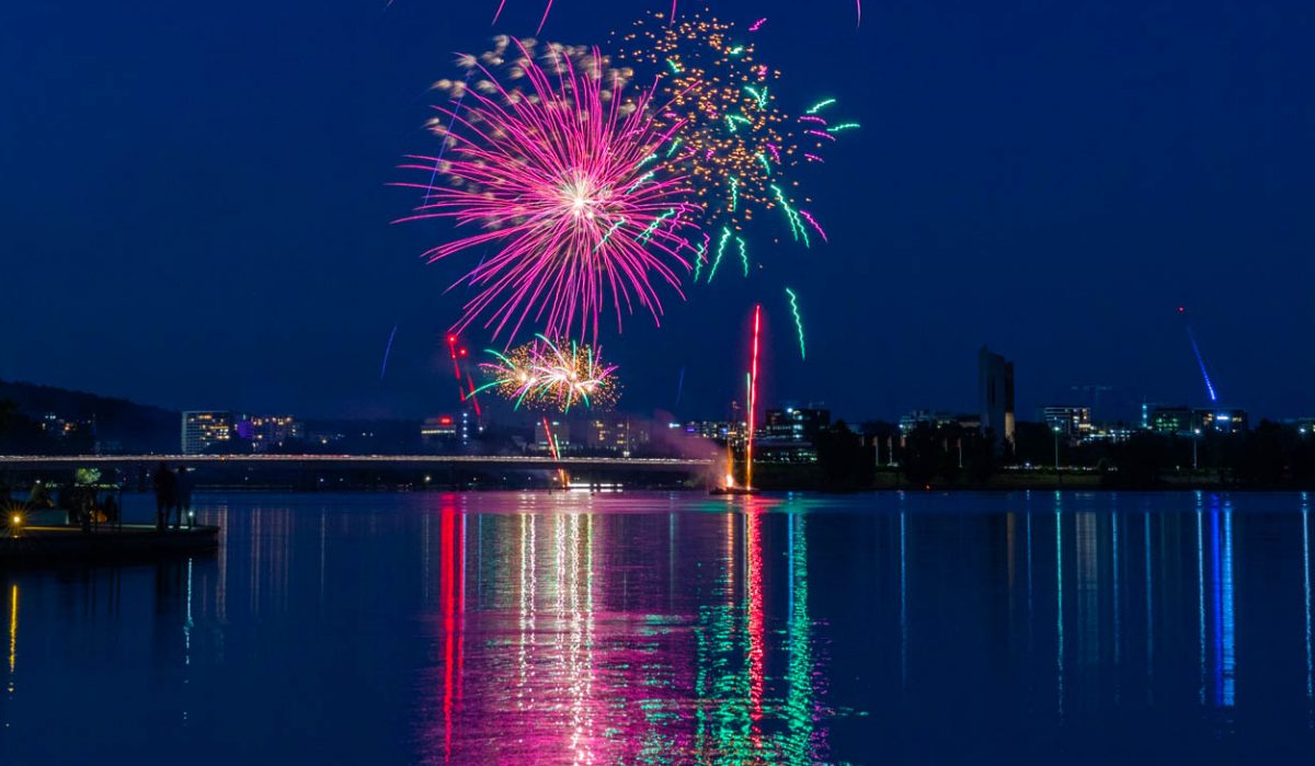 fireworks over a lake