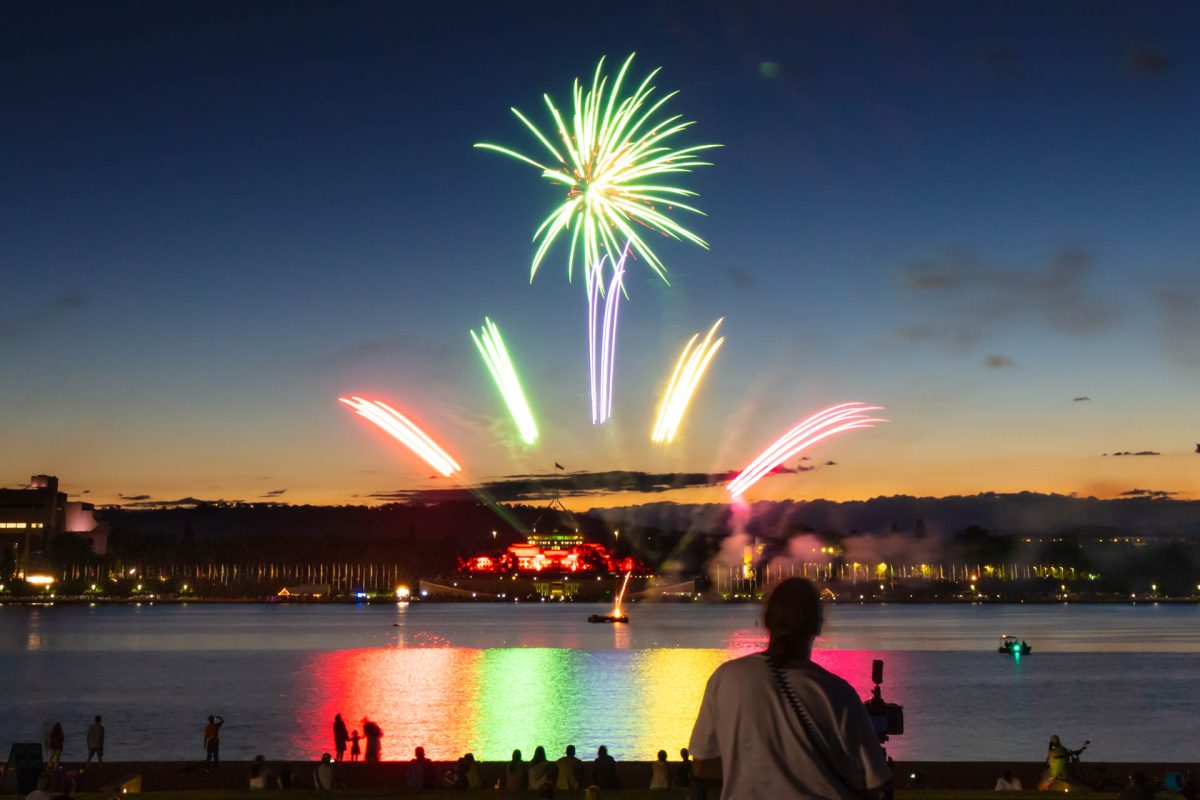 People looking at fireworks over Lake Burley Griffin