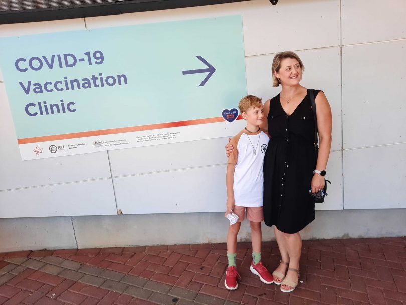 Emma Nokolic and daughter June Tattam at AIS vaccination clinic