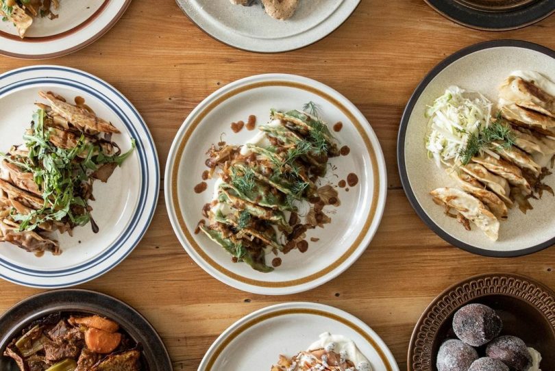 Pierogi dumplings on retro plates