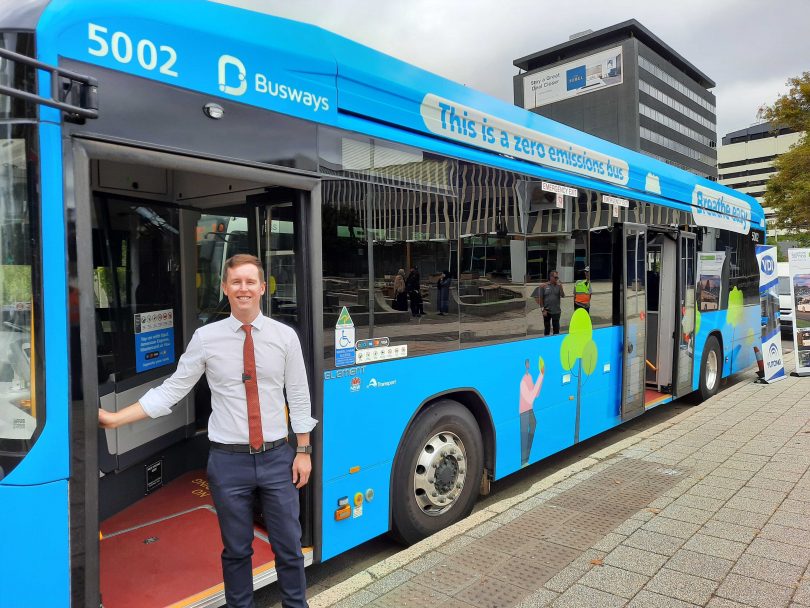 Transport Minister Chris Steel, with the Transport NSW Custom Denning Element electric bus
