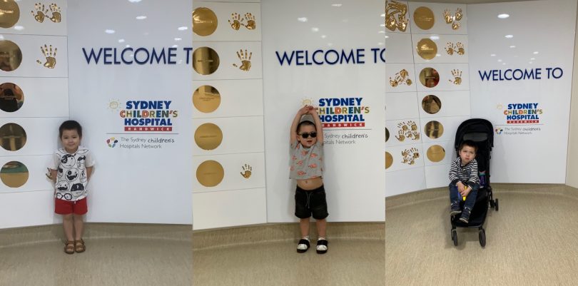 Montage of photos of boy in hospital