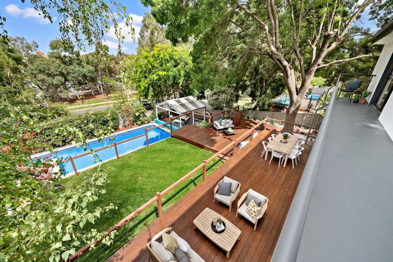 Decks overlooking pool