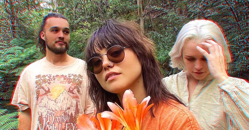 Psychedellic photo of three members of Aprikot Ink standing in front of ferns