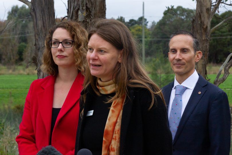 Member for Canberra Alicia Payne, Landcare ACT CEO Karissa Preuss, Member for Fenner Andrew Leigh. 