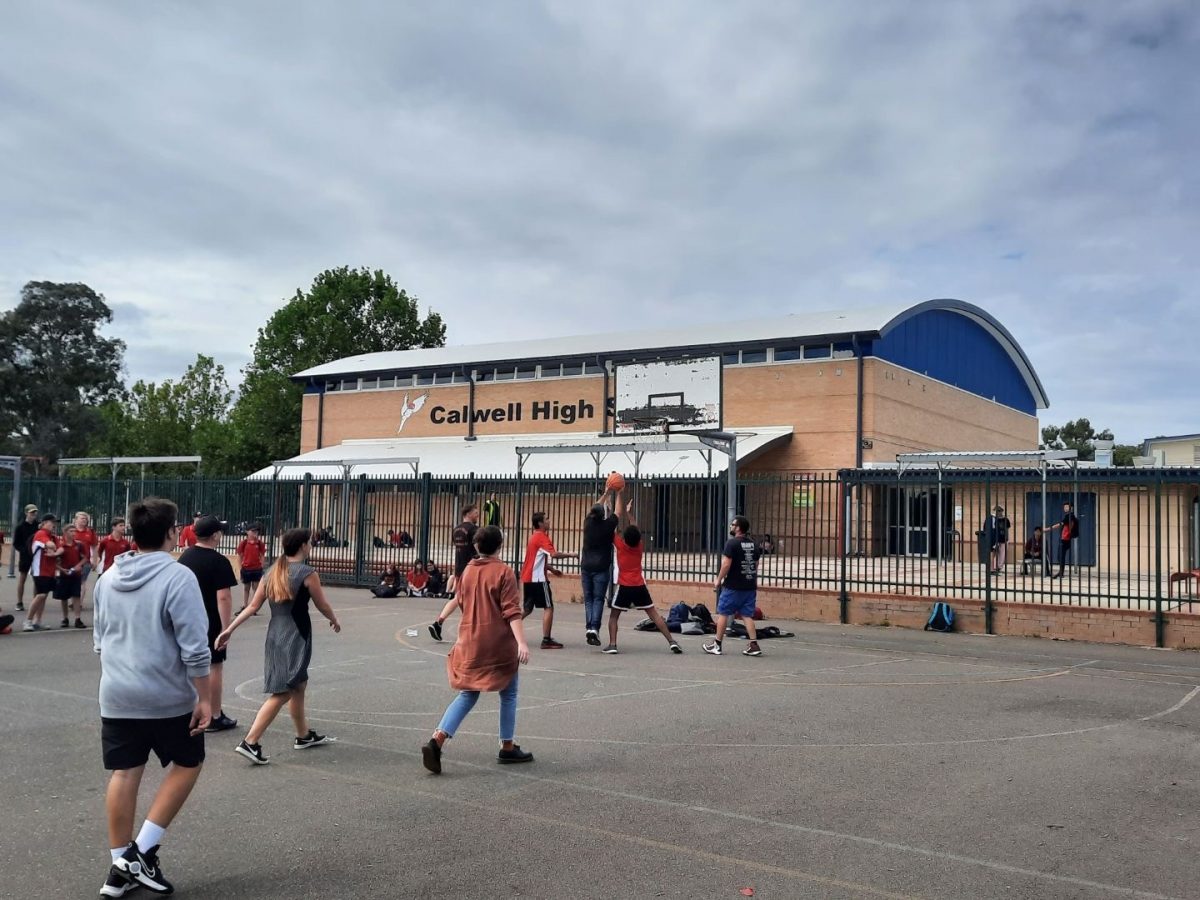 Children on a basketball court at Calwell High