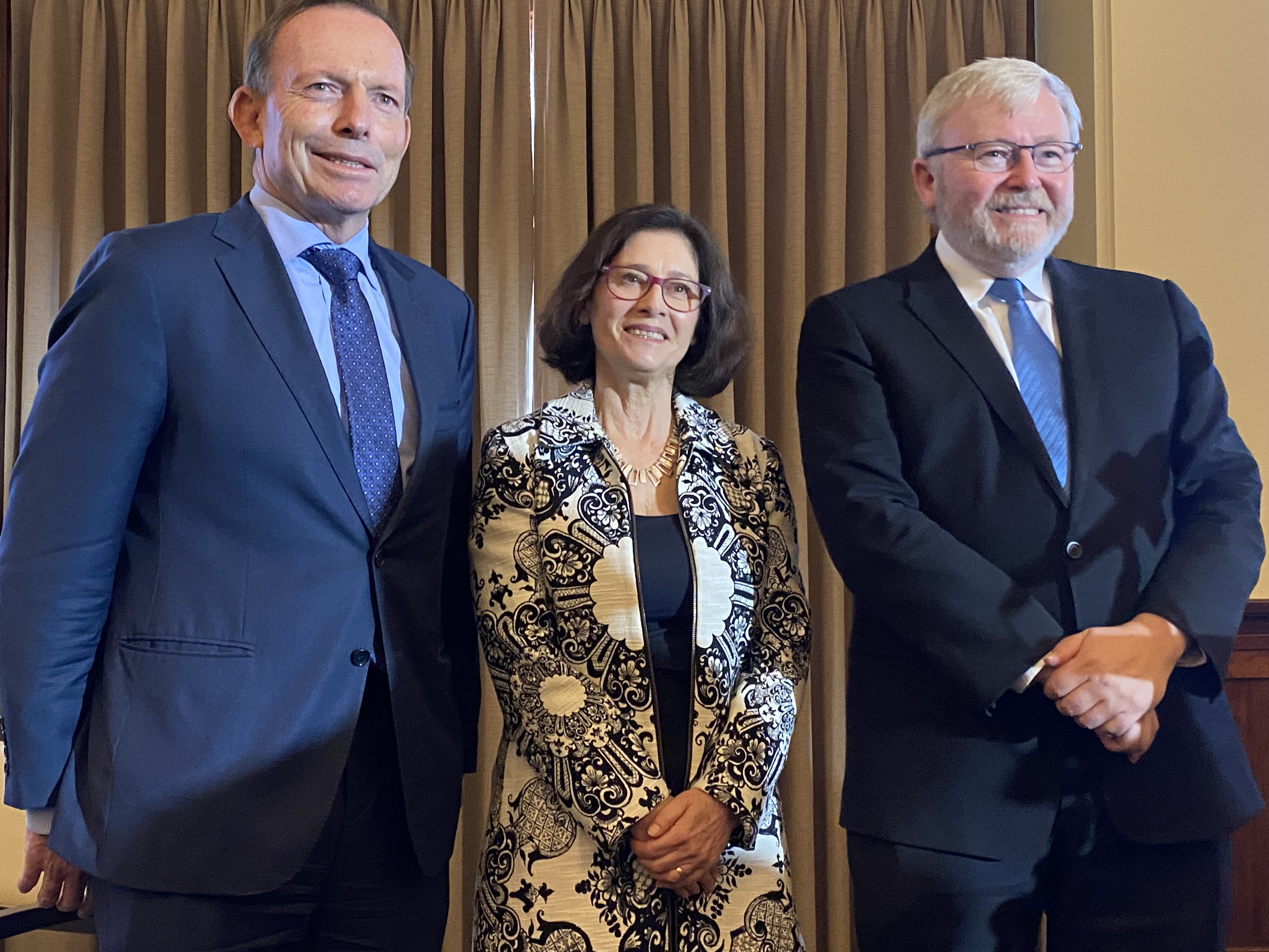 MoAD director Daryl Karp with former Prime Ministers Tony Abbott and Kevin Rudd at the museum's re-opening and exhibition launch.