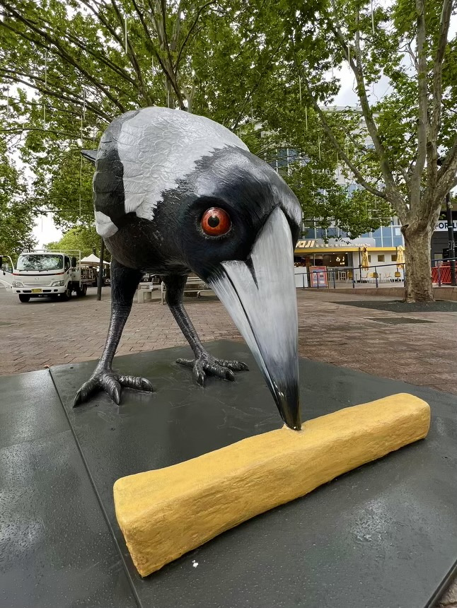 Big Swoop magpie sculpture in Garema Place, Civic.