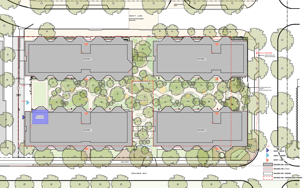 The site plan shows the extensive green corridors.