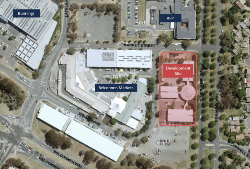 An aerial view of the site showing its proximity to the Belconnen Markets.