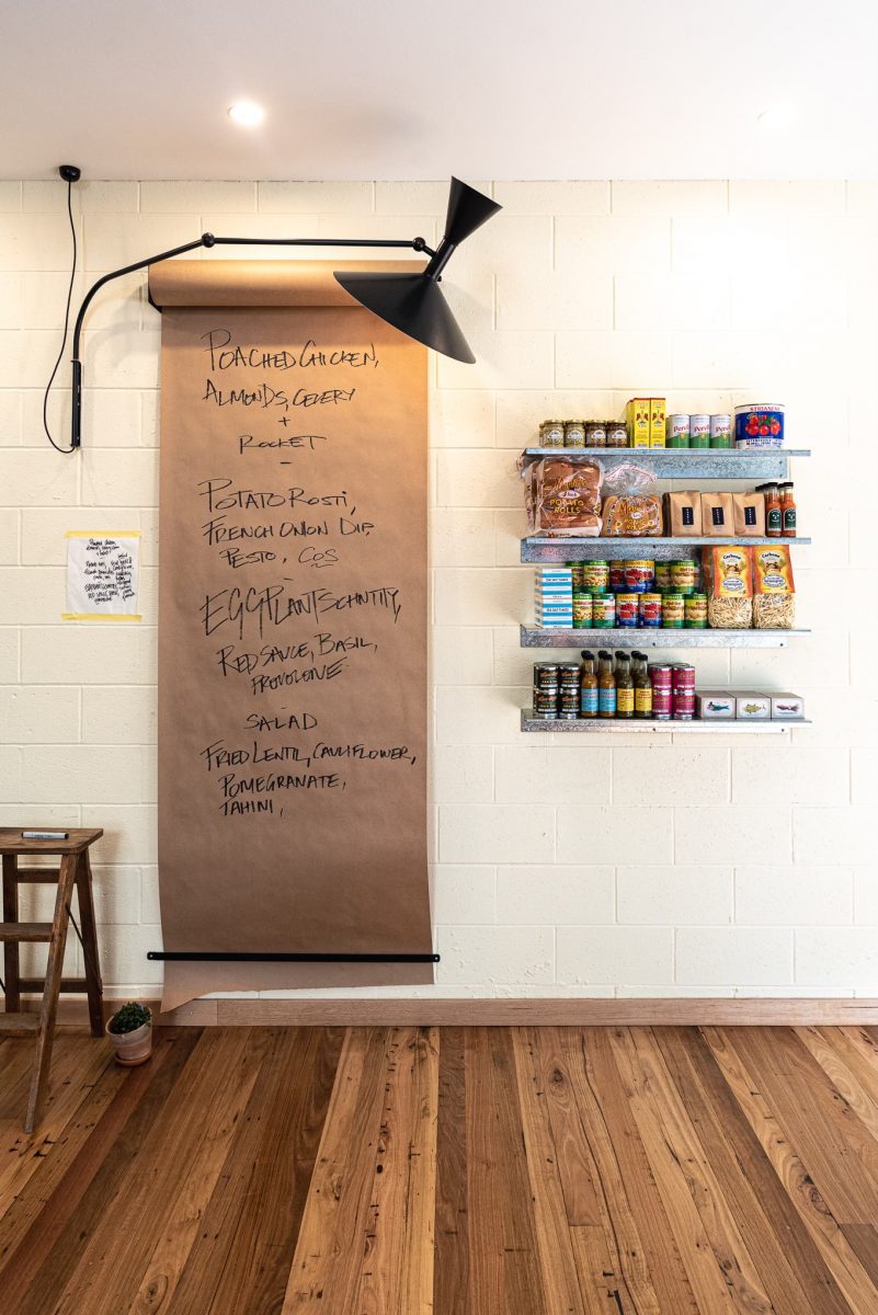 brown paper menu and shelf of food