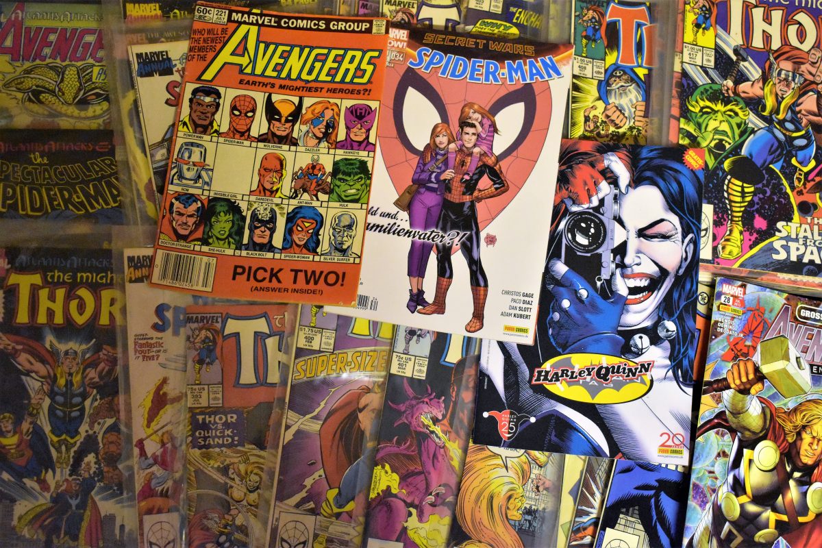 A montage of comic books