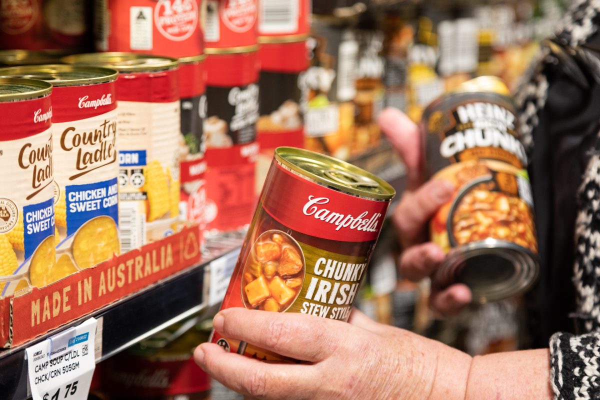 Cans of soup in supermarket