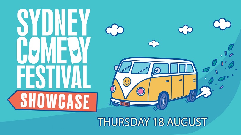 flyer for Sydney Comedy Festival Showcase Tour depicting a yellow combi van against a blue background