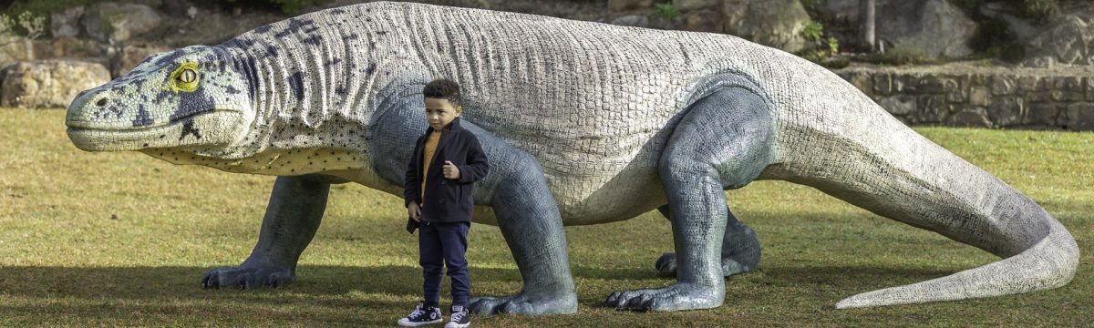Boy with giant lizard sculpture