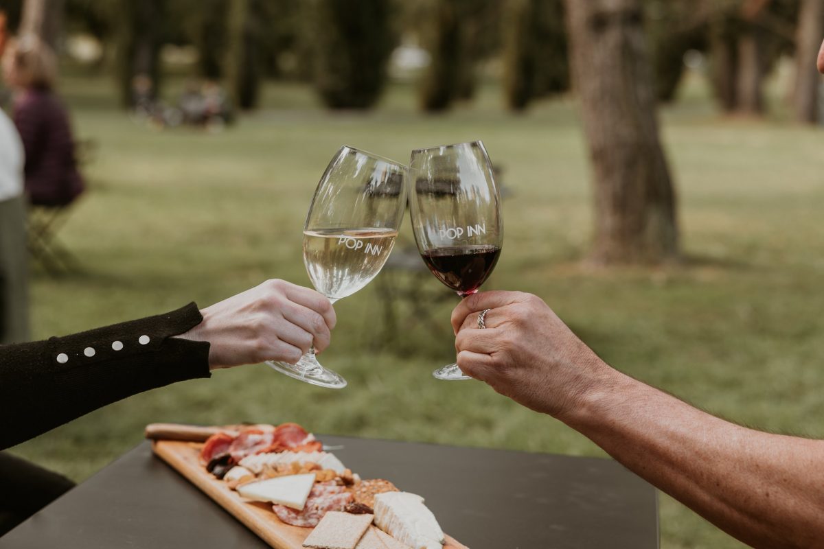 Two people clinking glasses in a park