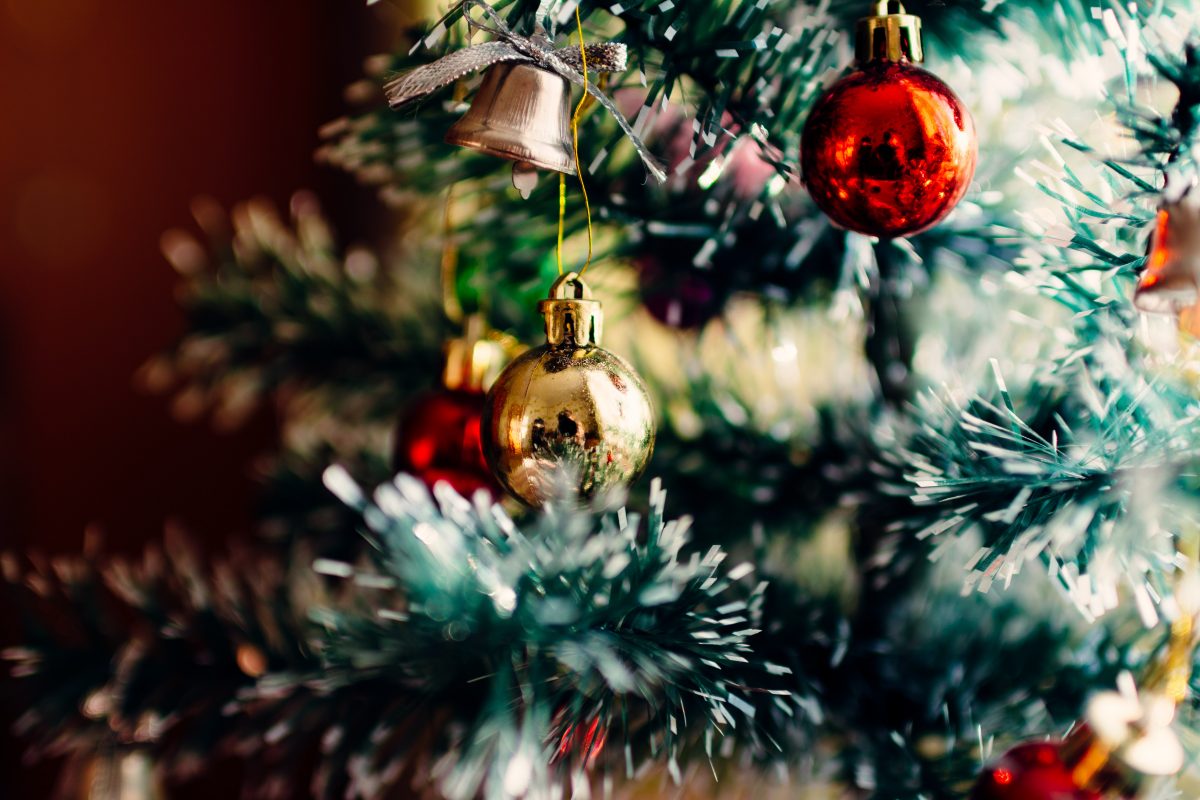 close up of baubles on a christmas tree