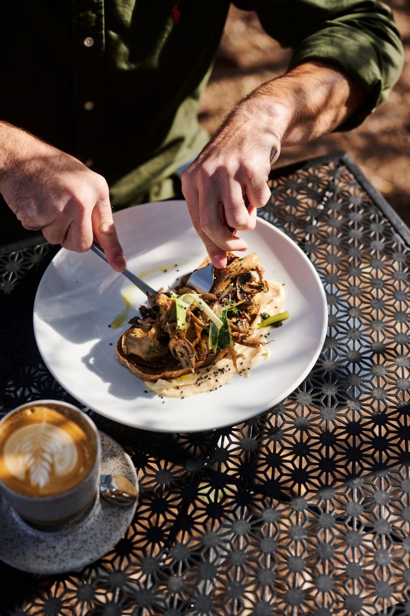 person eating mushrooms on toast