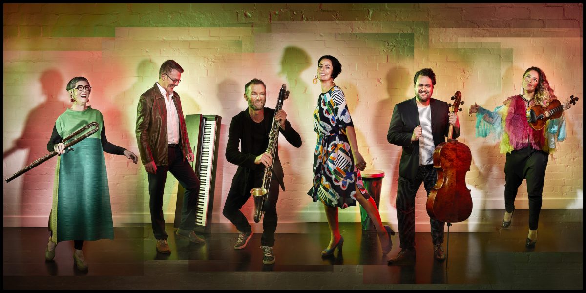 Claire Edwardes, Ben Klopp, Jason Noble, Veronique Seret, Lamorna Nightingale and Blair Harris from Ensemble Offspring posing in colourful lighting