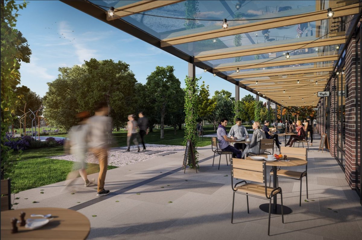 Digital render of outdoor dining at South Jerrabomberra's town park.