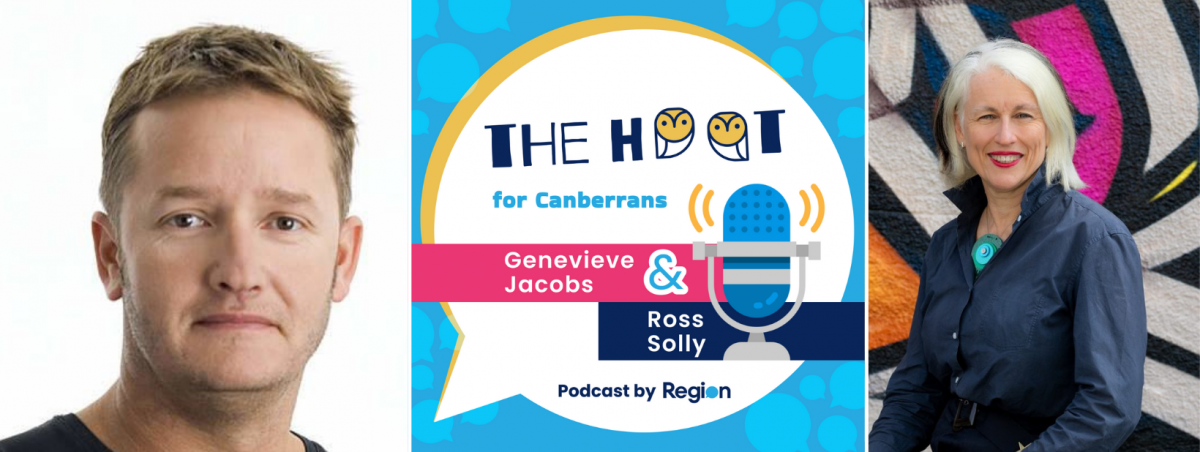 Ross Solly, podcast logo and Genevieve Jacobs