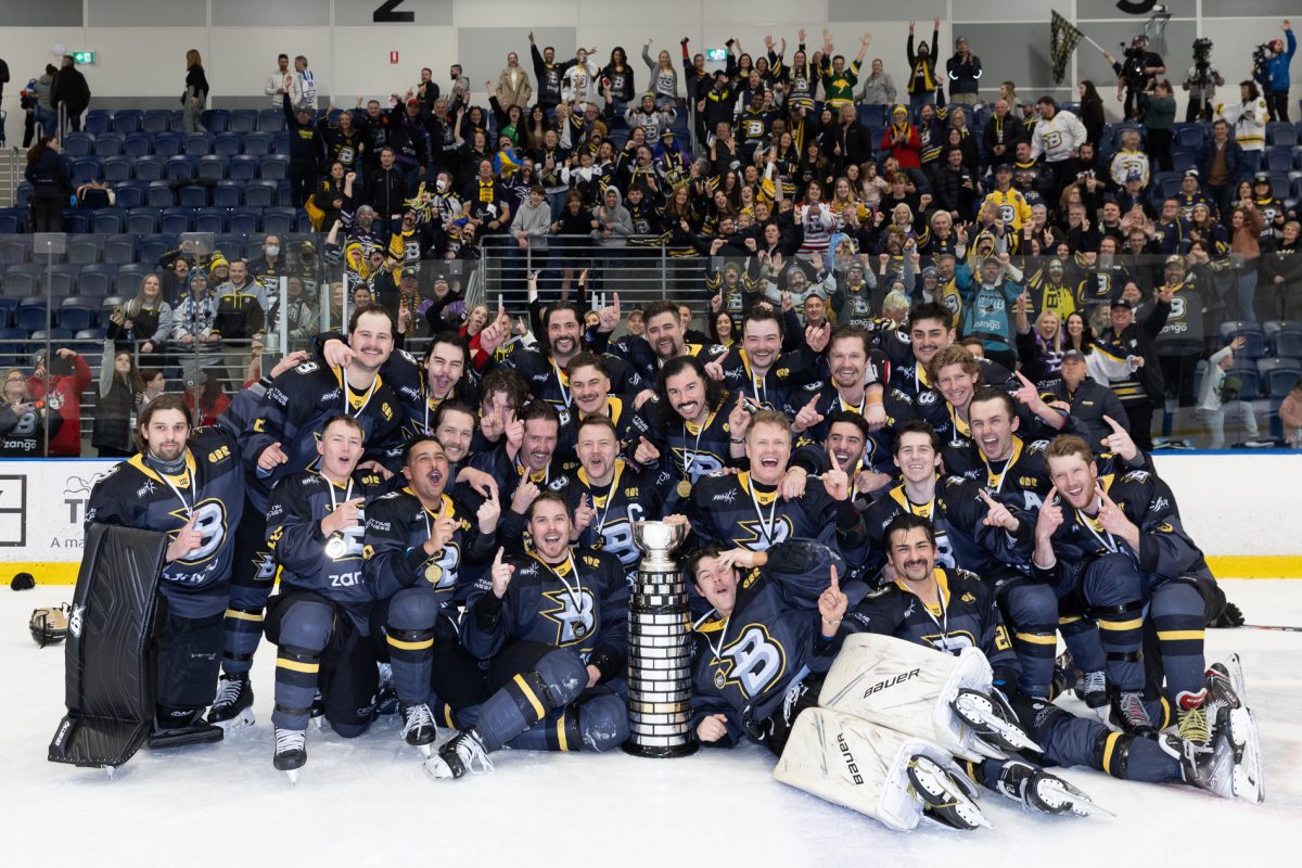 Ice hockey team celebrating