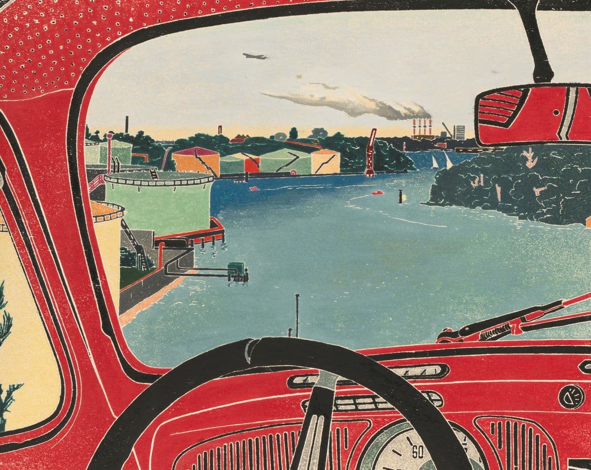 Cressida Campbell harbour view from a car painting