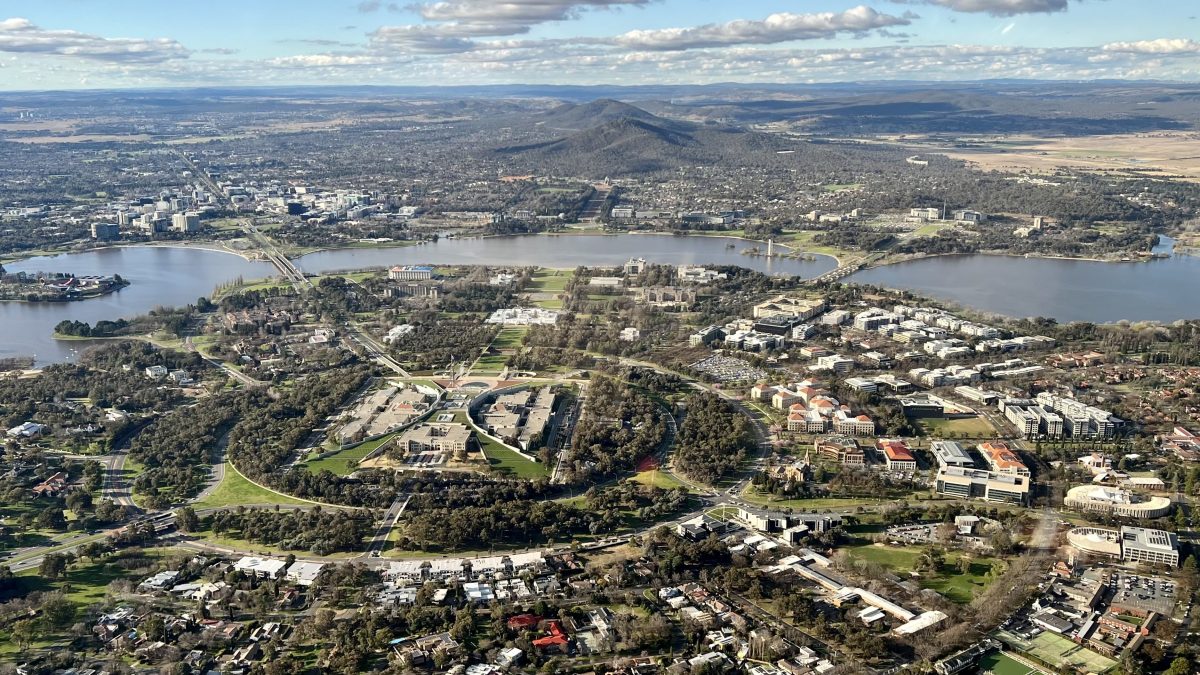 Aerial view of Canberra city and Parliament House