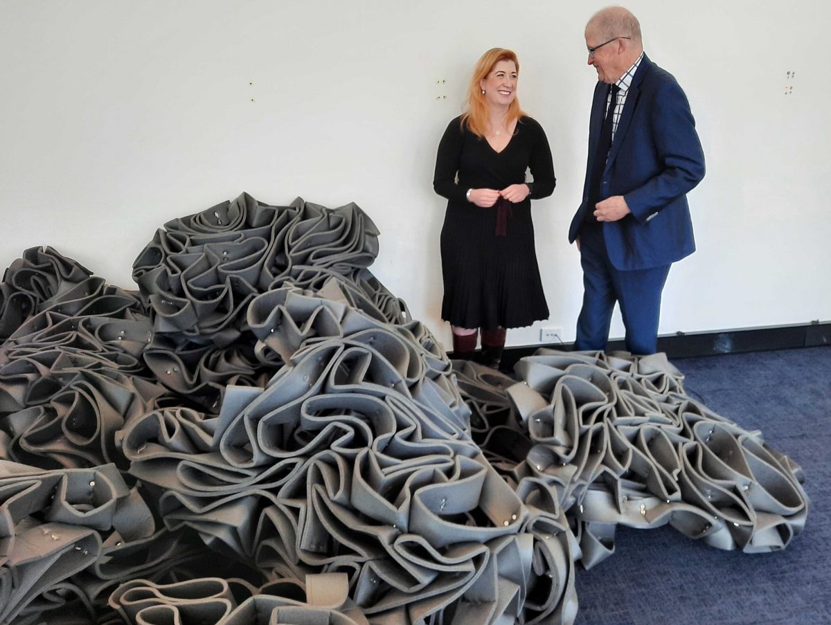 Tara Cheyne and Malcolm Snow in front of an art installation