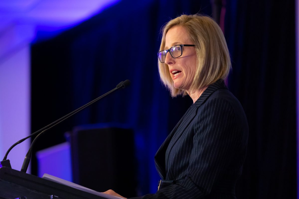 Public Service Minister Katy Gallagher delivering a speech